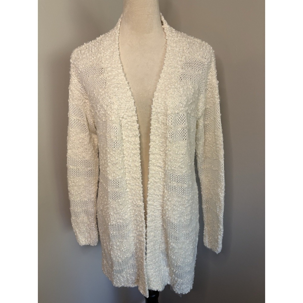 Mesh And Lace Cream Popcorn Knit Open Front Cardigan Sweater XS Ivory Cozy Soft